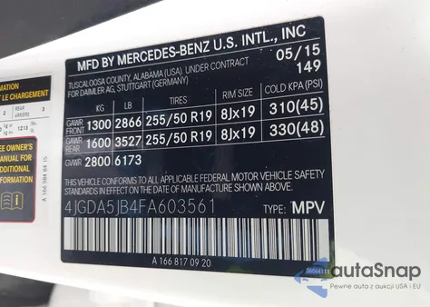 2015 Mercedes-Benz Ml 350 из США, поврежденный, VIN 4JGDA5JB4FA603561